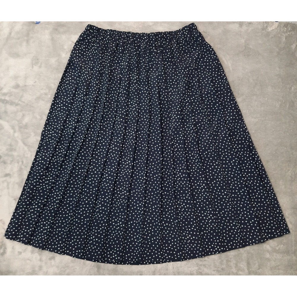 VTG Pleated Polka Dot Midi Skirt Navy Light Blue‎ Womens 18P Academia Preppy 90s